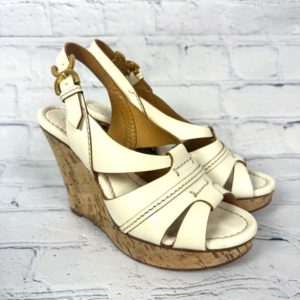 CHLOE Renna Wedge Slingback Cork White Leather 4" Gold Hardware Size 6 / 36.5